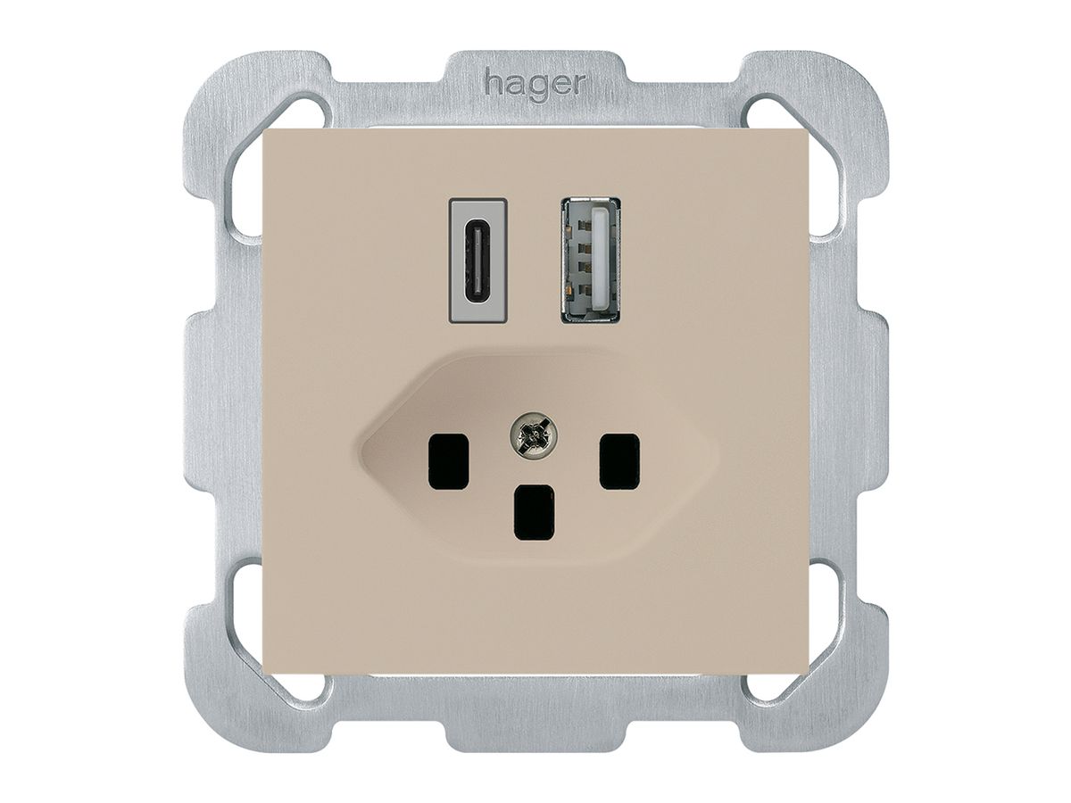 UP-USB-Ladesteckdose kallysto 18W PD 1×Typ A 1×Typ C T23 m.Befestigungspl. beige