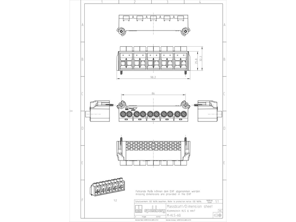 Klemmenblock Spelsberg Abox 060 KLS-6² 5L×4mm² 41A 690V