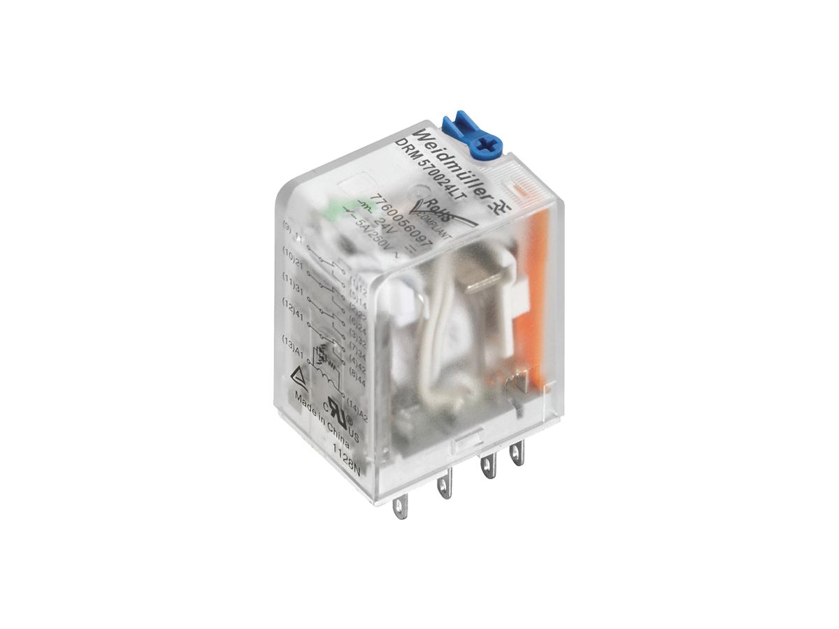 Relais WM DRM270048LT 2CO AgNi(+Au) 43.2…62.4VDC 10A/250VAC Prüftaste