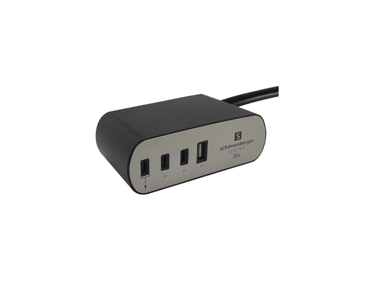 USB-Ladesteckdose Tischgerät 1×USB-A 3×USB-C 120×45×71mm