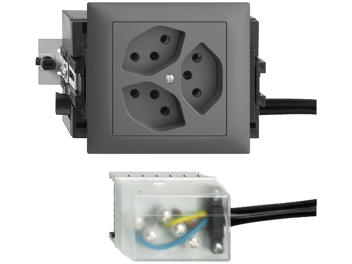 EB-Steckdose EDIZIOdue 3×T13 L2 53mm dunkelgrau für Flachkabel Powerbus