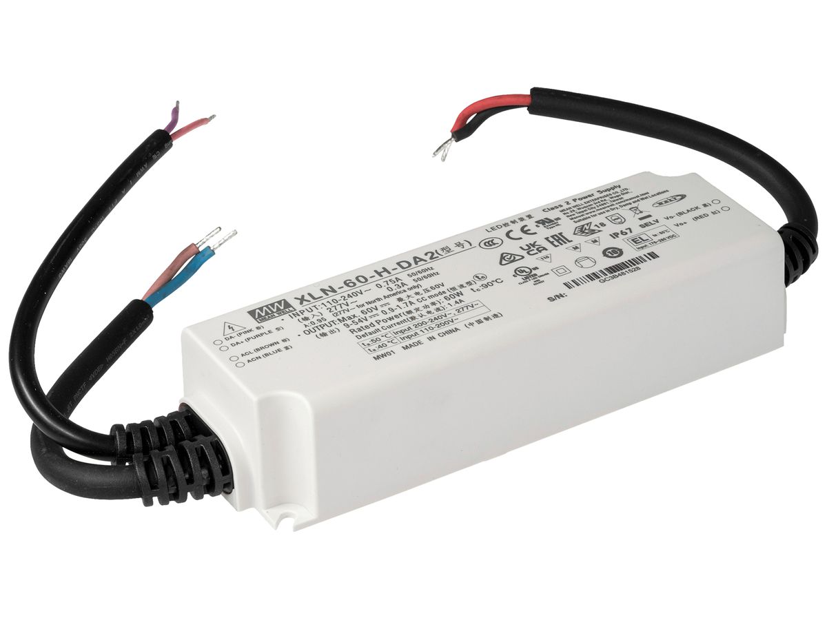 LED-Betriebsgerät MEAN WELL XLN 8.1…60W 9…54V 900…1700mA DALI 141×49×32mm