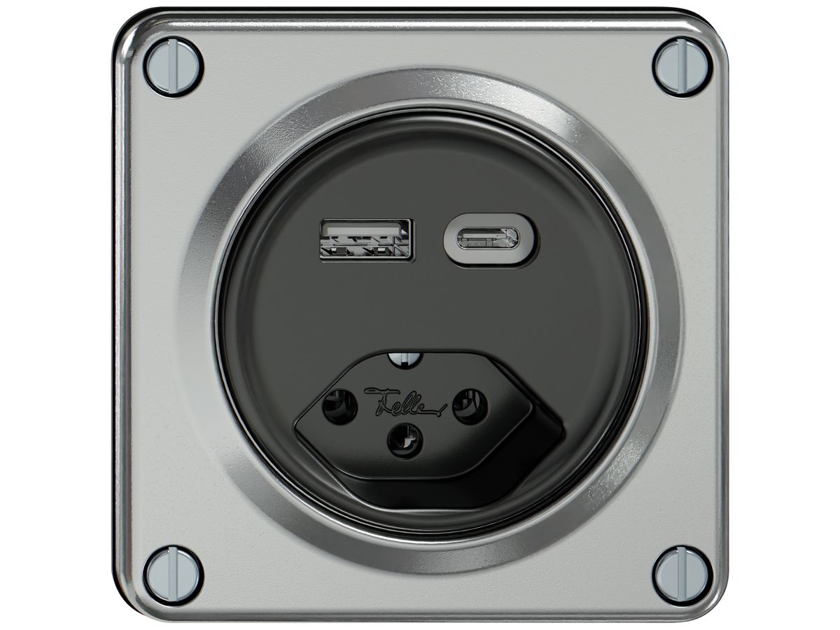USB-Ladesteckdose ELEMENT 1×USB-A 1×USB-C 3000mA + 1×T13 aluminium