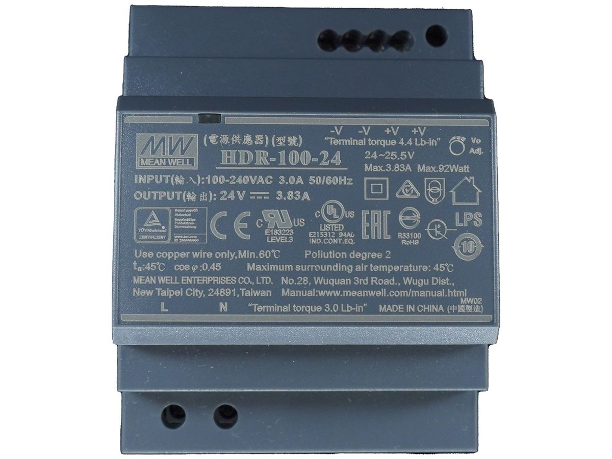 REG-Schaltnetzteil MEAN WELL HDR-100-24, IN: 85…264VAC, OUT: 24VDC/92W, 4TE