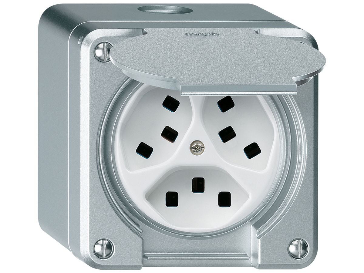 AP-Steckdose Hager robusto, 3×T23, mit Klappdeckel Q, aluminium