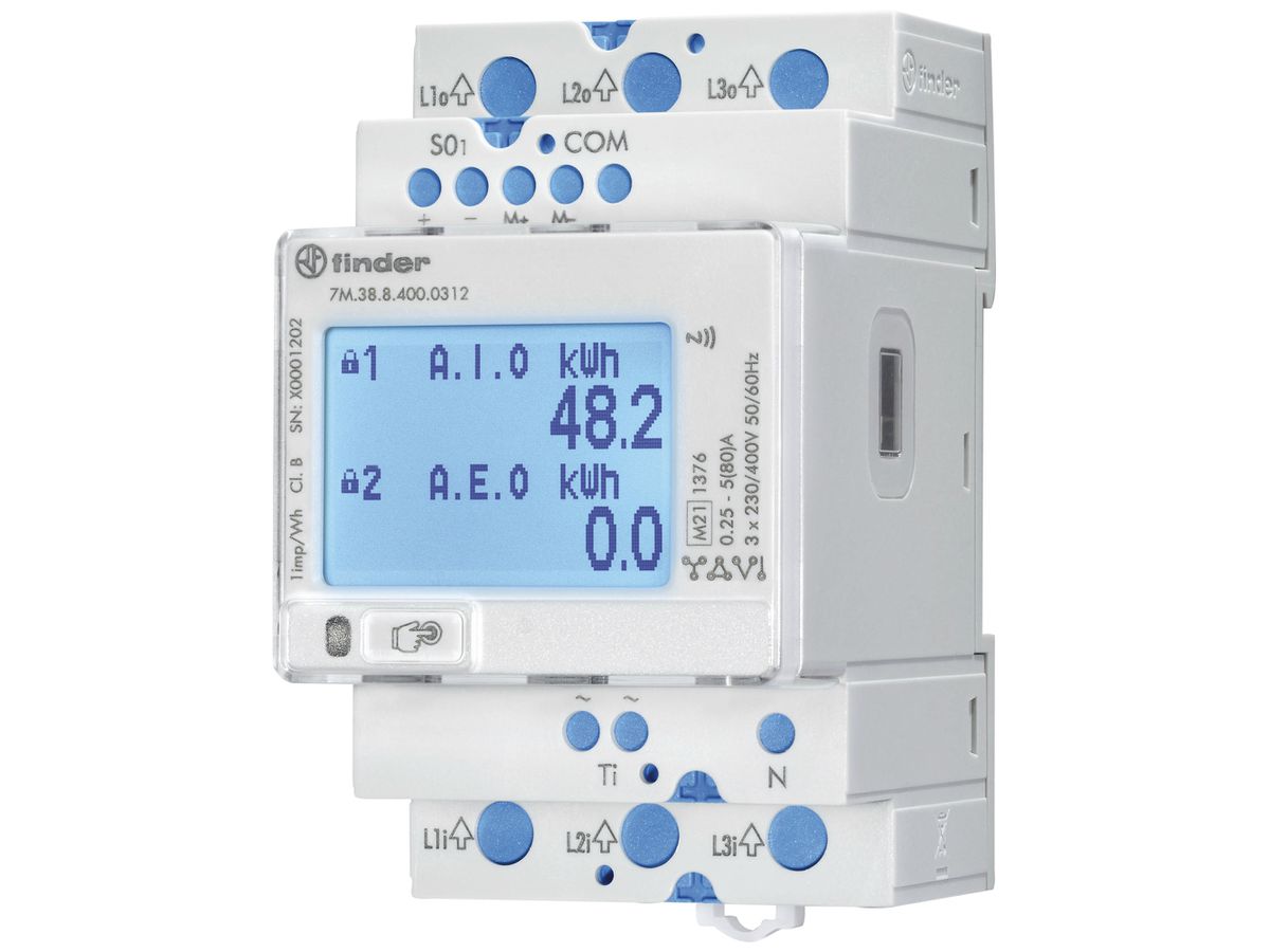 REG-Energiezähler FINDER 7M.38 3LN direkt 80A elektrisch M-Bus S0 MID-EU