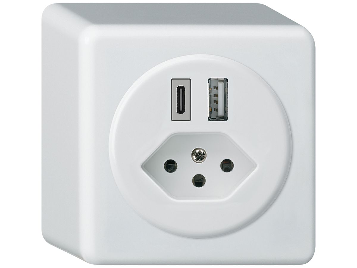 AP-USB-Ladesteckdose basico 18W PD 1×Typ A 1×Typ C Typ 13 mit AP-Gehäuse weiss