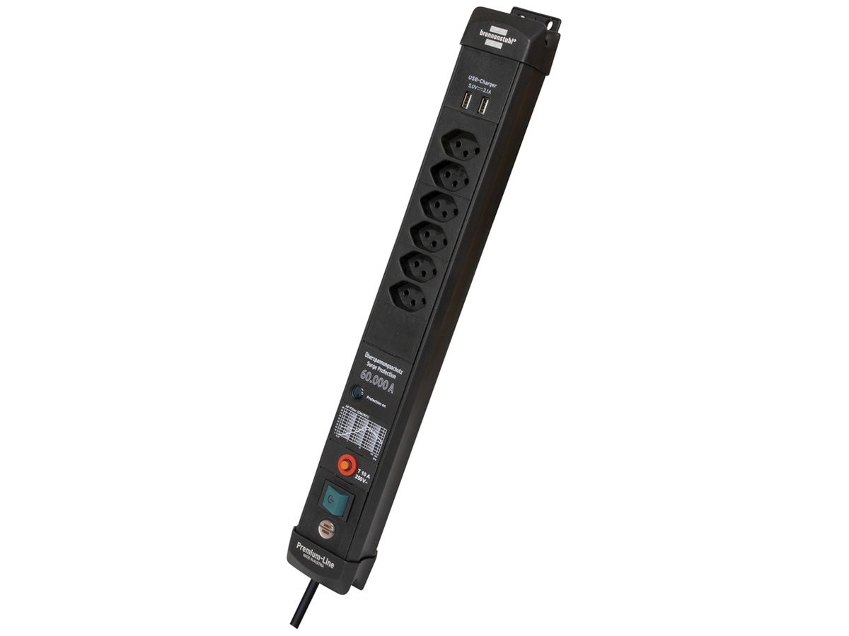 Steckdosenleiste Premium-Line Schalter max.60000A 6×T13 2×USB-A 3m sz