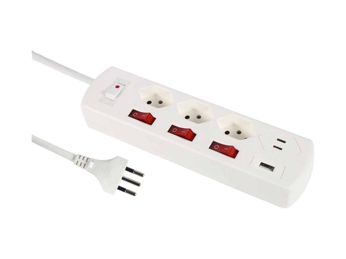 Steckdosenleiste 10A m.Ein-/Ausschalter 3×T13 1×USB-A 2×USB-C weiss