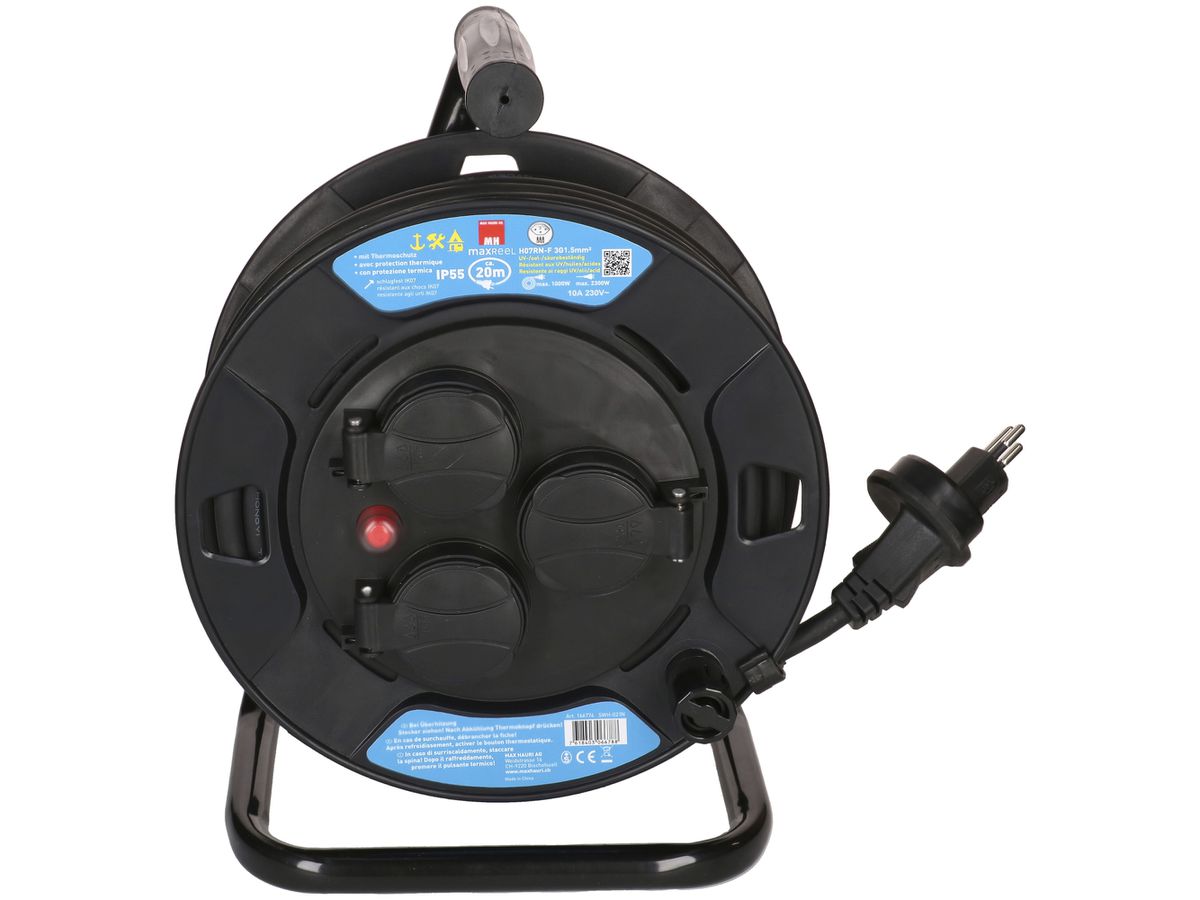 Kabelrolle MAX HAURI Kunststoff 230V 10A 3×T13 20m 3×1.5mm² IP55 schwarz