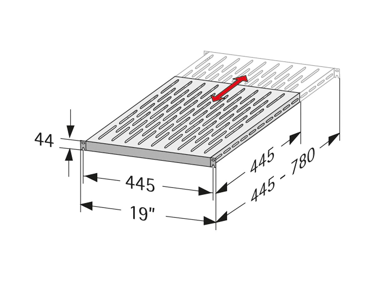 Schwerlastfachboden 19" apraNET VARIplain, T=455…780mm max. 150kg, grau