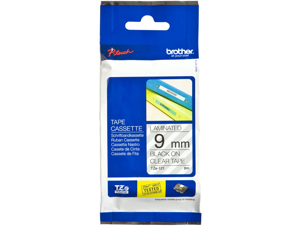 Schriftbandkassette Brother TZe-121 9mm×8m, transparent-schwarz