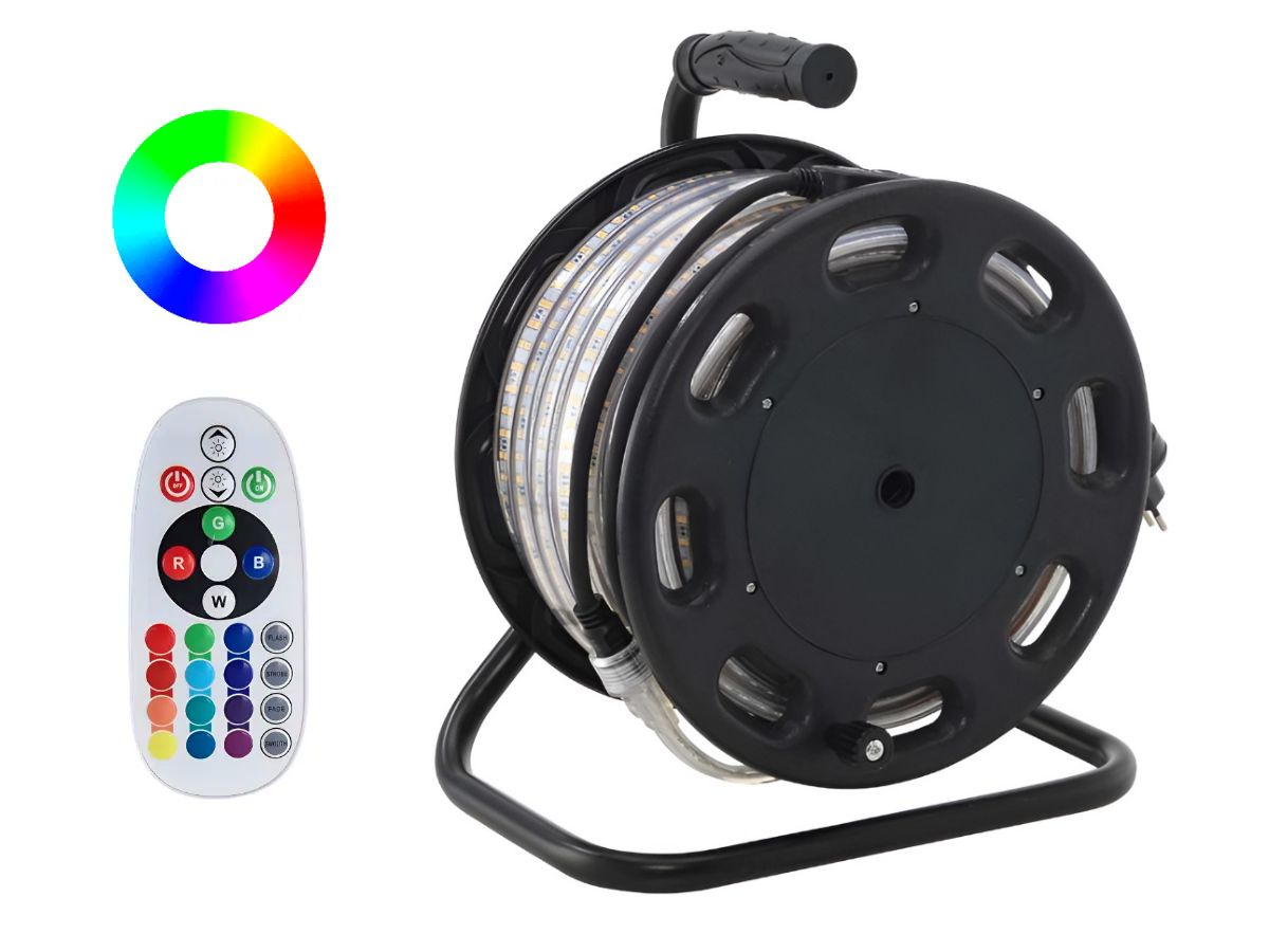 LED-Lichtband RGB 25m auf Trommel - und Griff, IP65, 230VAC,Zuleitung 1,5m
