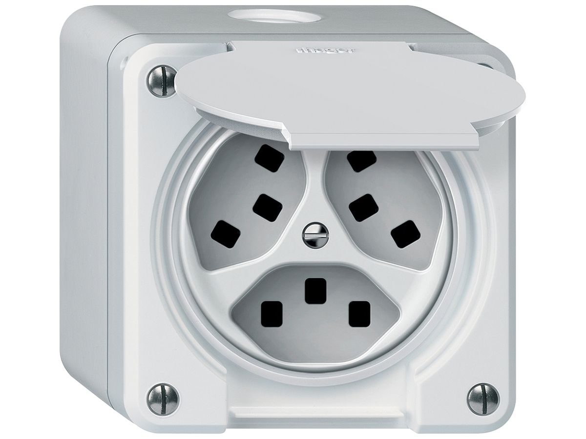 AP-Steckdose robusto 3×T23 16A 250V 86×86mm IP21 weiss