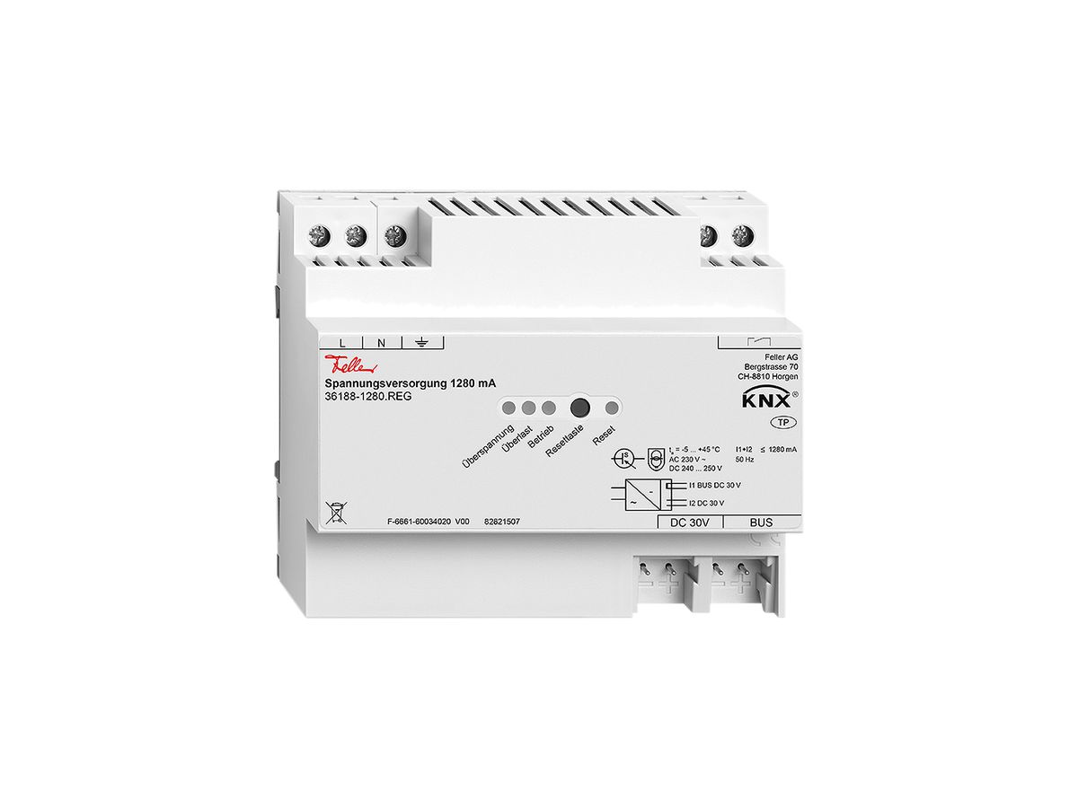 REG-Spannungsversorgung Feller KNX 1280mA 230VAC, mit Meldeausgang