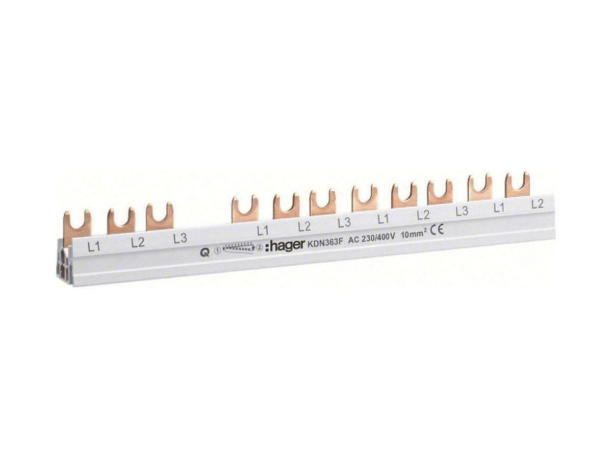 Phasenschiene Hager KDN 3P 3Ph Gabel 10mm² 63A L1L2L3-L1L2L3L1L2L3L1L2 weiss