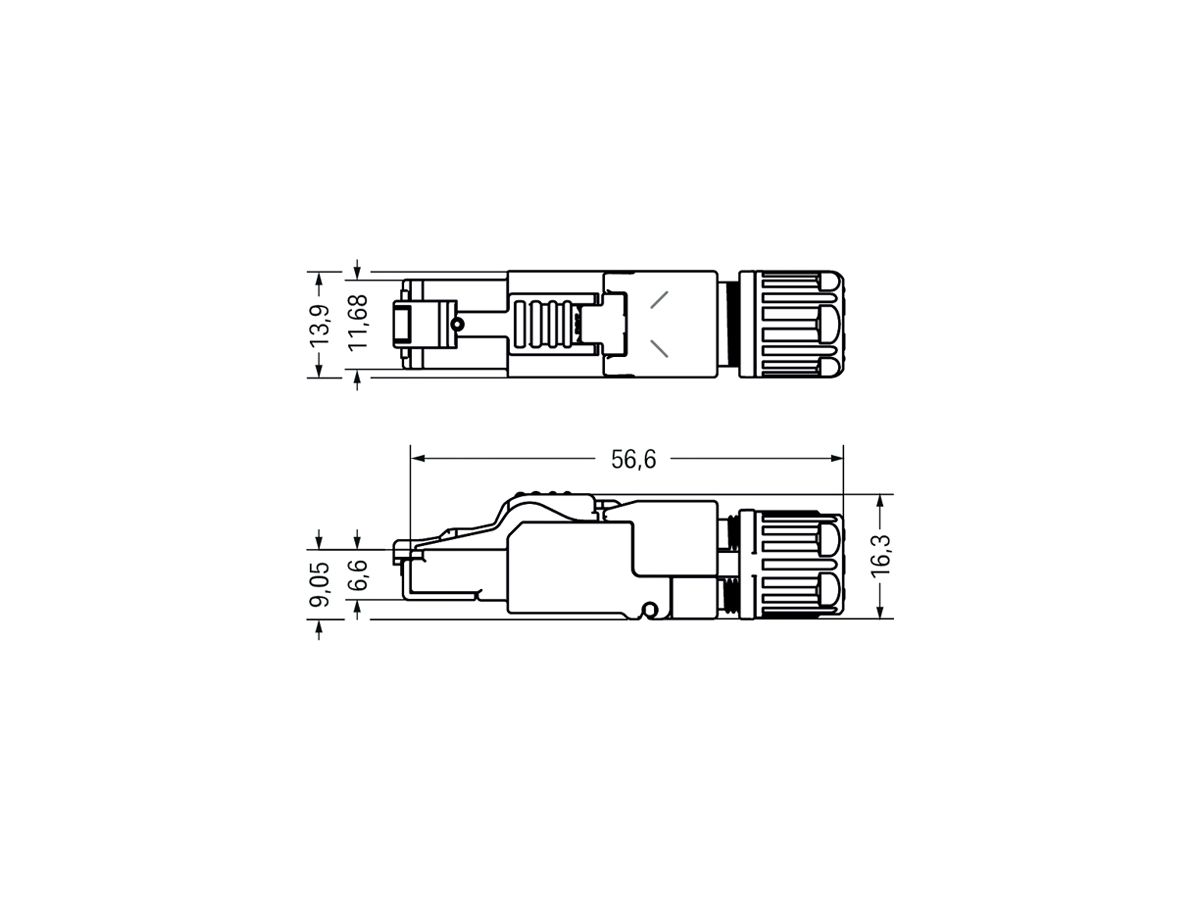 RJ45-Anschlussmodul WAGO 180° Code TIA-568A AWG22 Zugentlastung