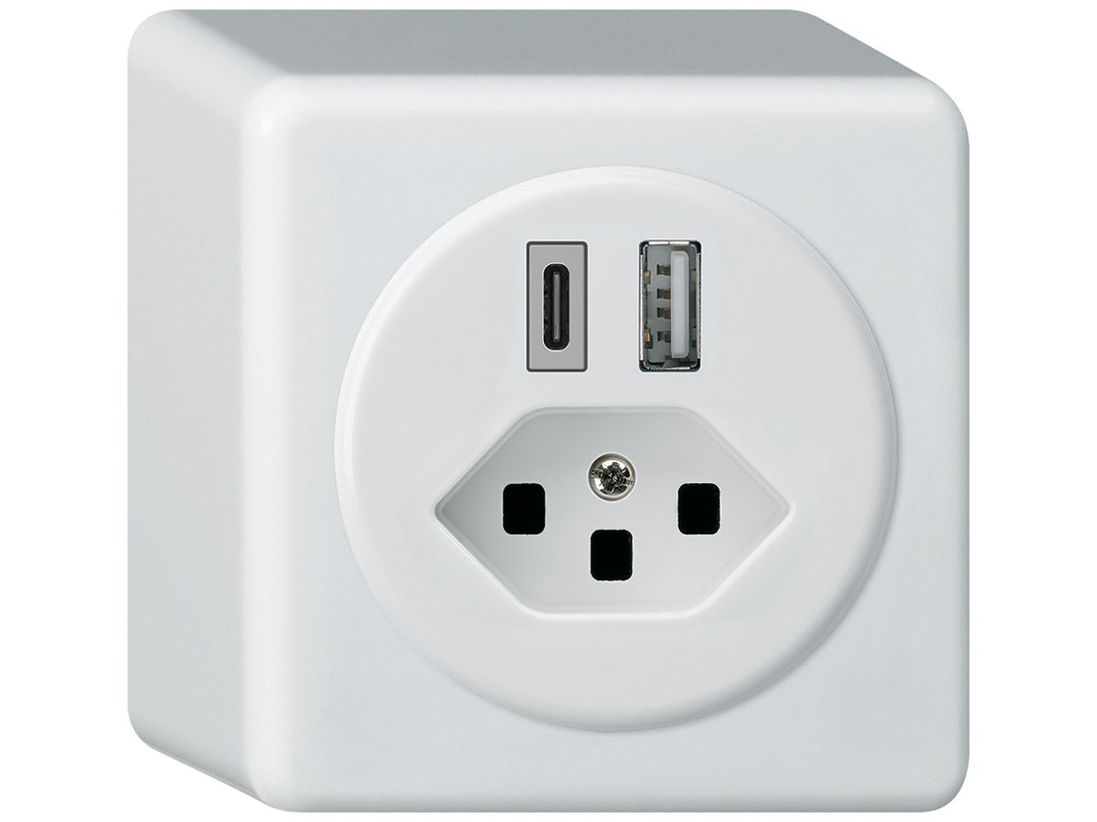 AP-USB-Ladesteckdose basico 18W PD 1×Typ A 1×Typ C Typ 23 mit AP-Gehäuse weiss