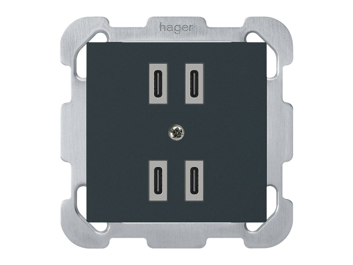 UP-USB-Ladesteckdose Hager kallysto 2×C-C 2×20W oder 4×10W 5V 77×77mm schwarz