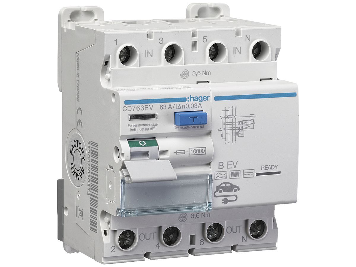 Fehlerstromschutzschalter Hager 3P+N 10kA 63A 30mA Typ B EV 4TE
