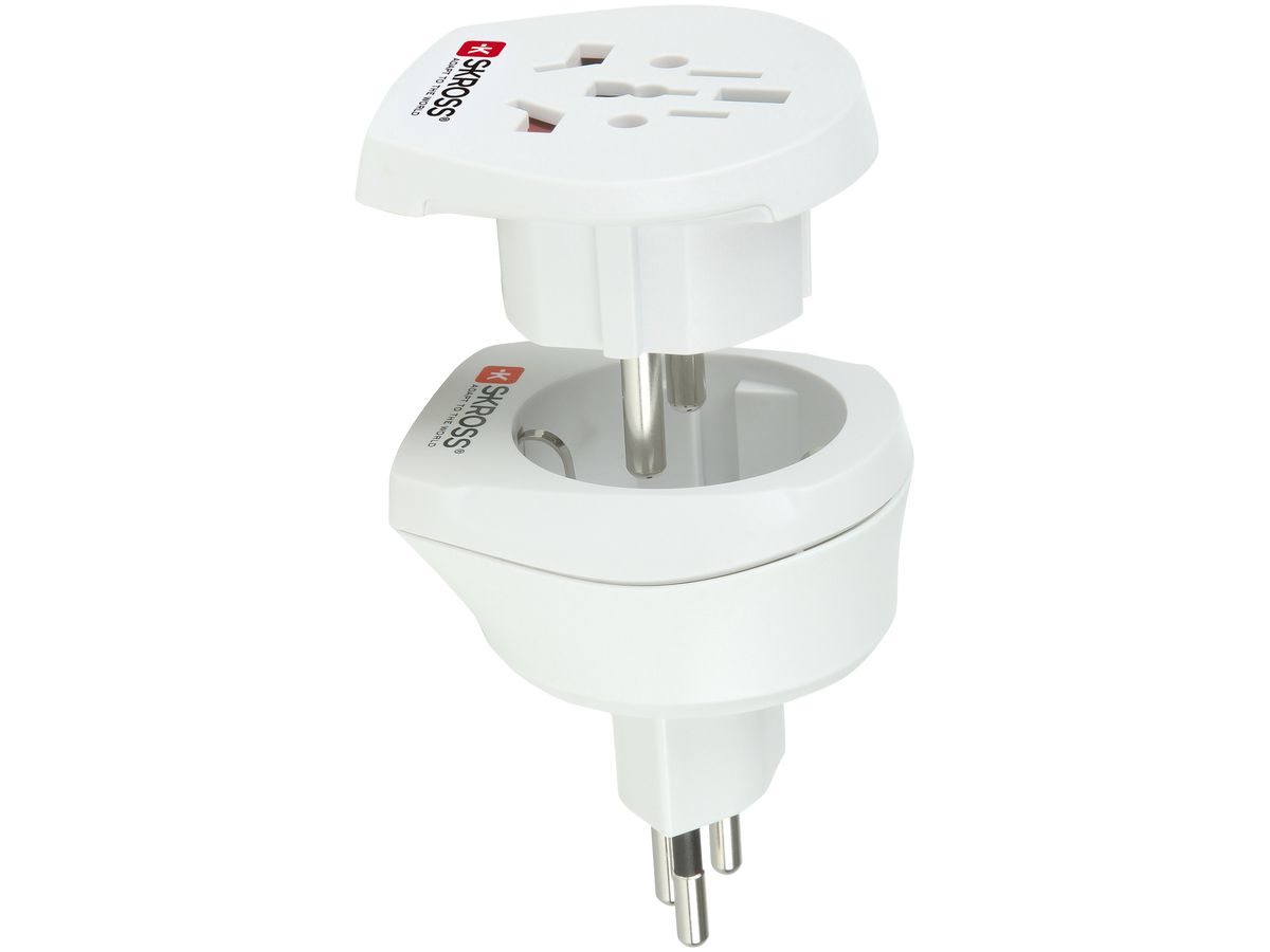Single Travel Adapter 10A 250V World to CH/EU 53×60×72mm, weiss