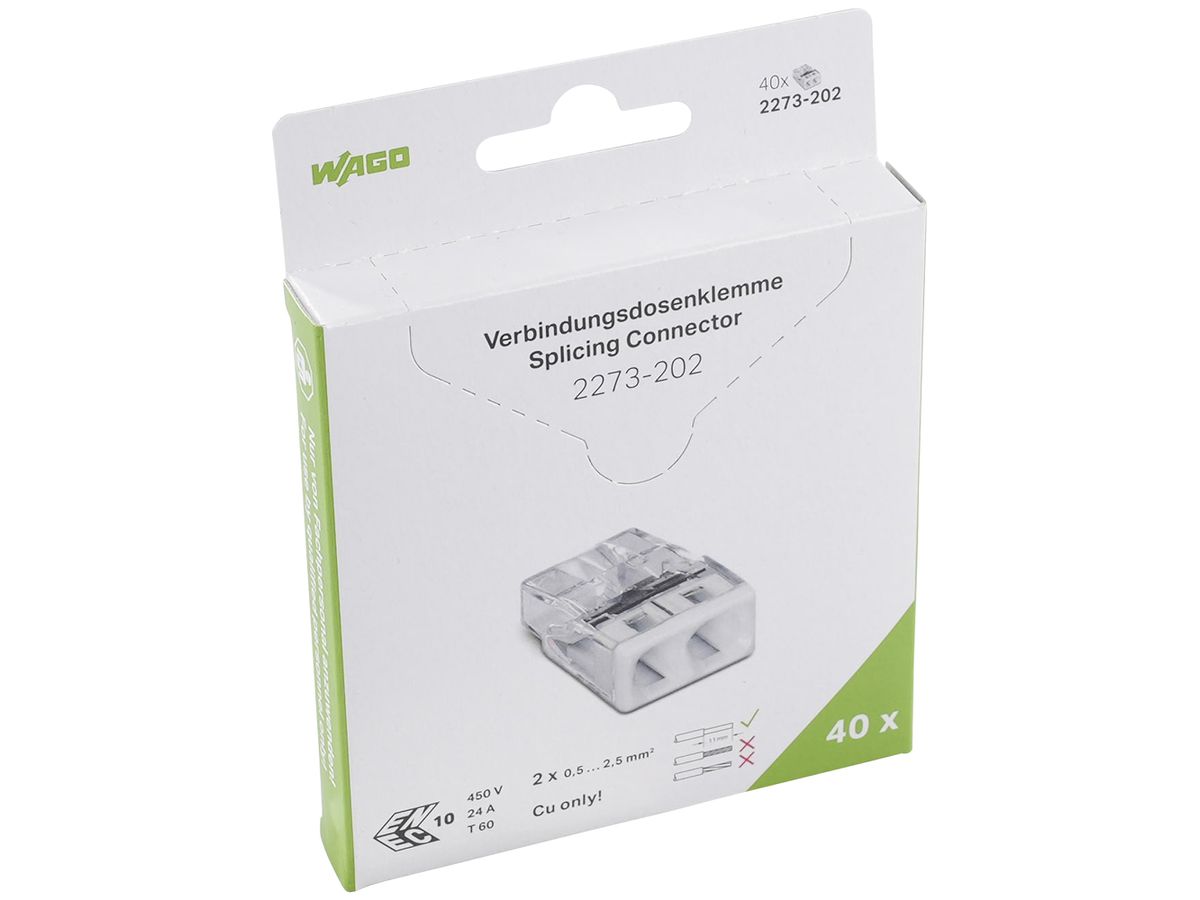 Verbindungsklemme WAGO 2273-202 in Blister 40 Stück 2L 0.5…2.5mm² 24A 450V