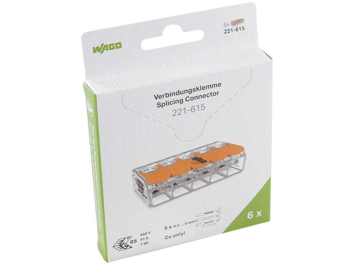 Dosenklemme WAGO 221-615 in Blister 6 Stück 5L 0.5…6mm² 41A 450V