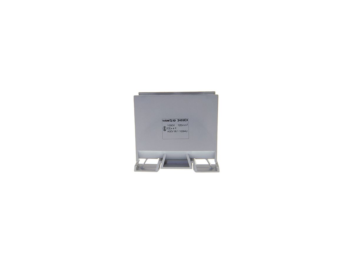 Abzweigklemme Woertz Ex 70…120mm² 269A 800V Schraubanschluss 2×1 TH35 grau