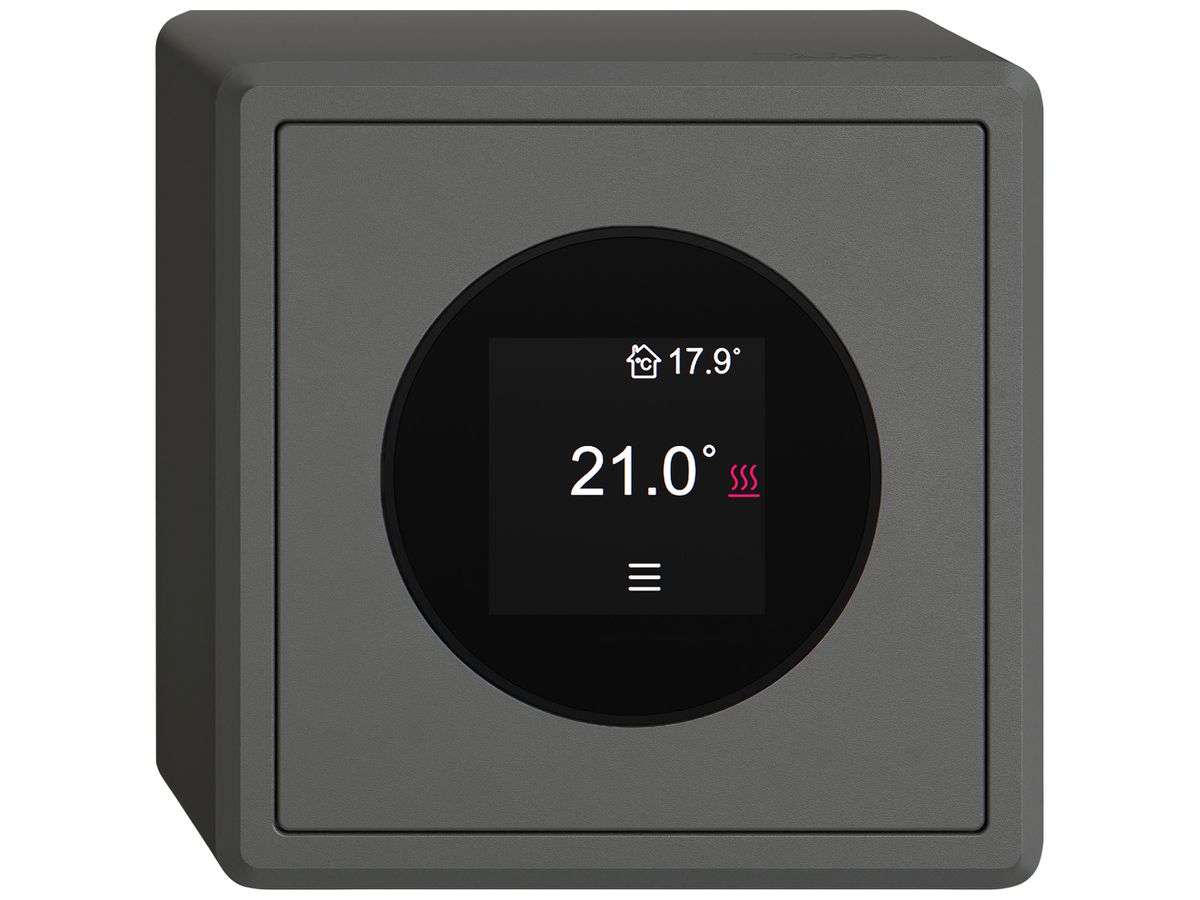 AP-Raumthermostat EDIZIO.liv SNAPFIX® 230VAC 4…30°C 74×74mm dunkelgrau