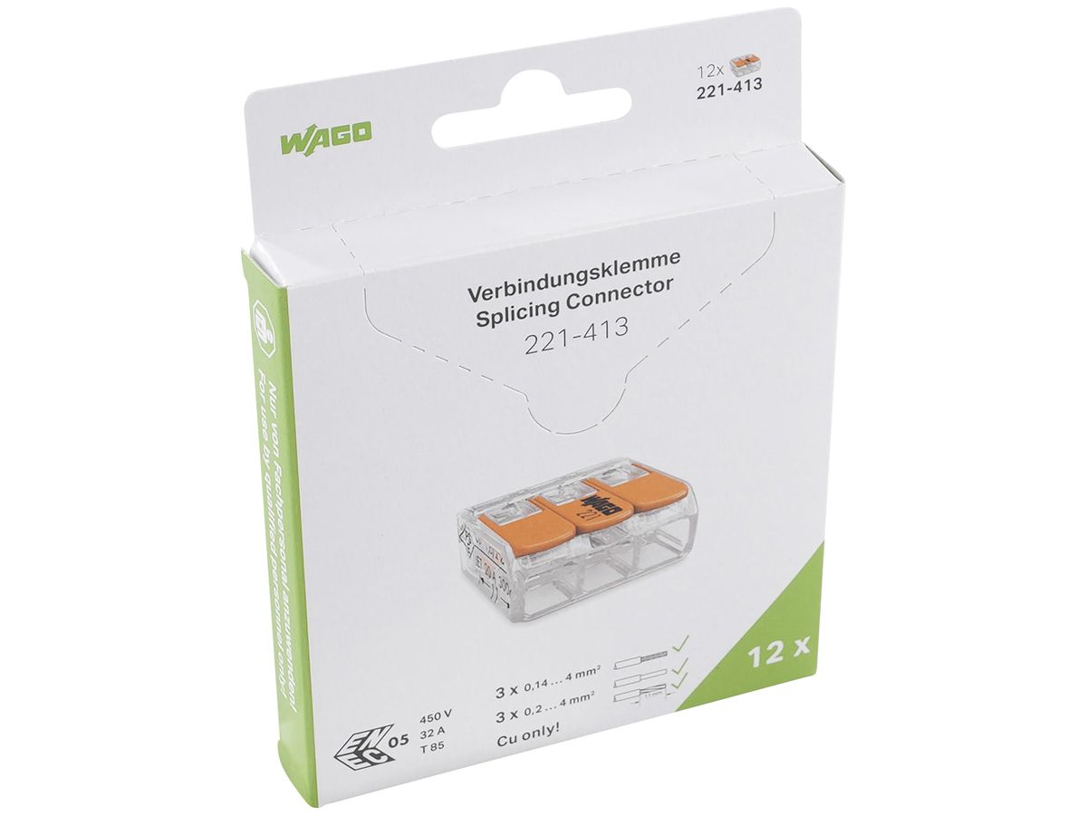 Dosenklemme WAGO 221-413 in Blister 12 Stück 3L 0.2…4mm² 32A 450V