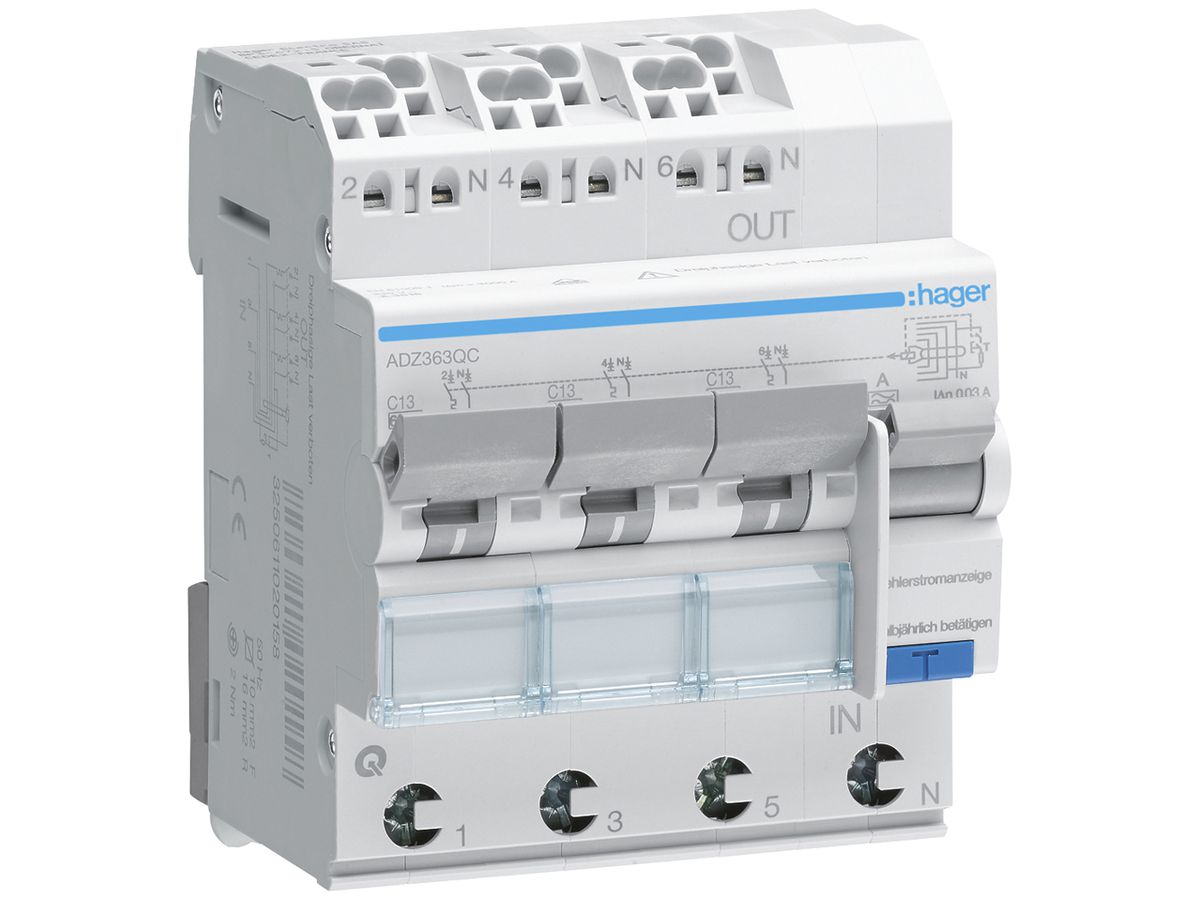 FI/LS-Schalter Hager RCBO QC 3P+N 230V Char.C 13A 0.03A Typ A 6kA 4TE