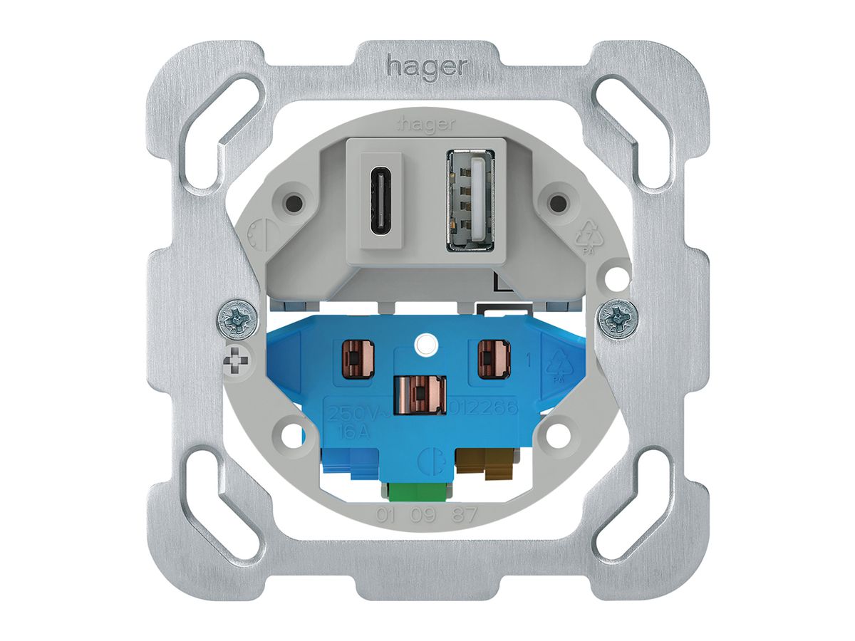 Einsatz USB-Ladesteckdose Hager 18W PD 1×Typ A 1×Typ C T13/23 Befestigungsplatte