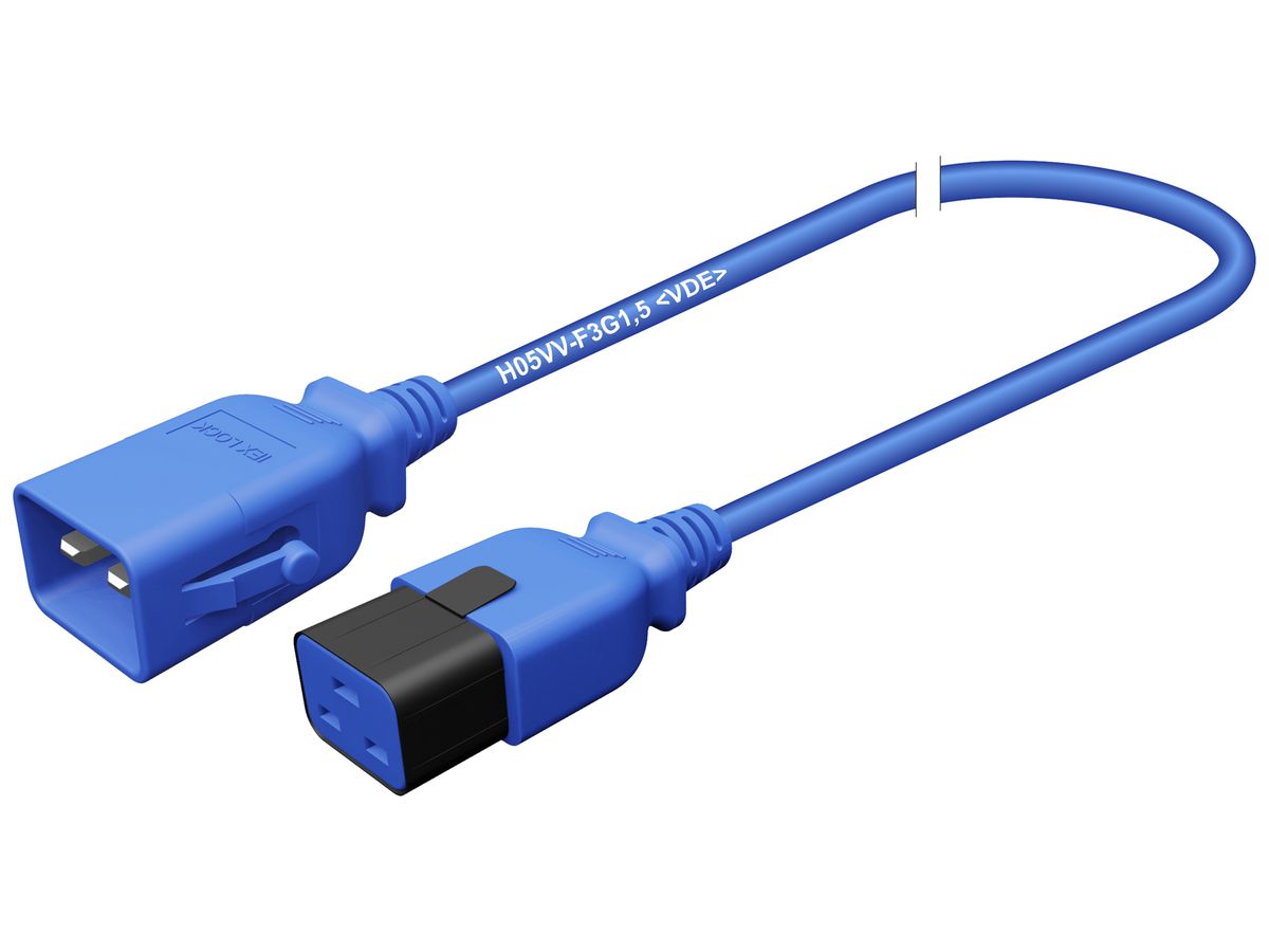 Apparatekabel Stecker C20 Buchse C19 verriegelt 3×1.5mm² 250VAC/16A blau 3m