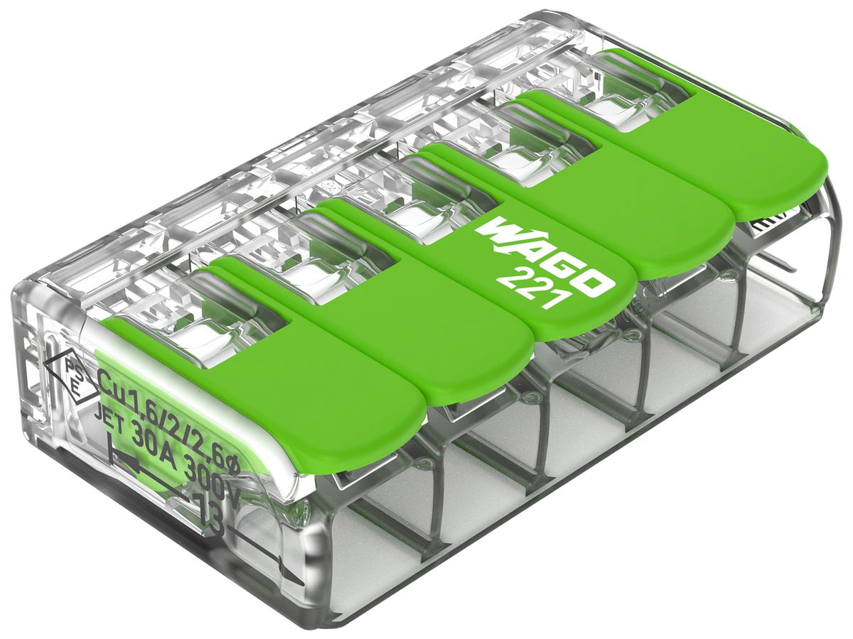 Verbindungsklemme WAGO Green Range 5L 0.5…6mm² mit Hebel gn Transparent