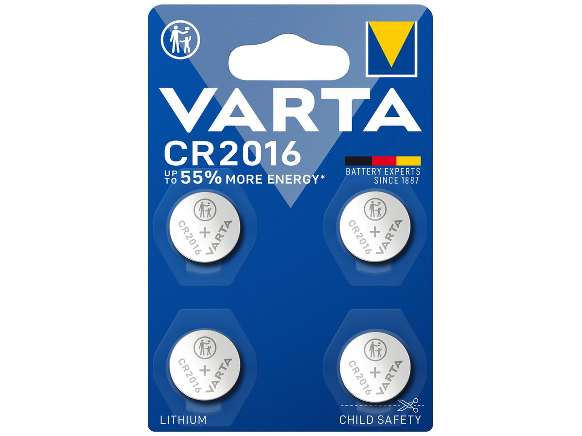 Knopfzelle VARTA Consumer CR2016 Lithium 3V 87mAh Blister à 4 Stück