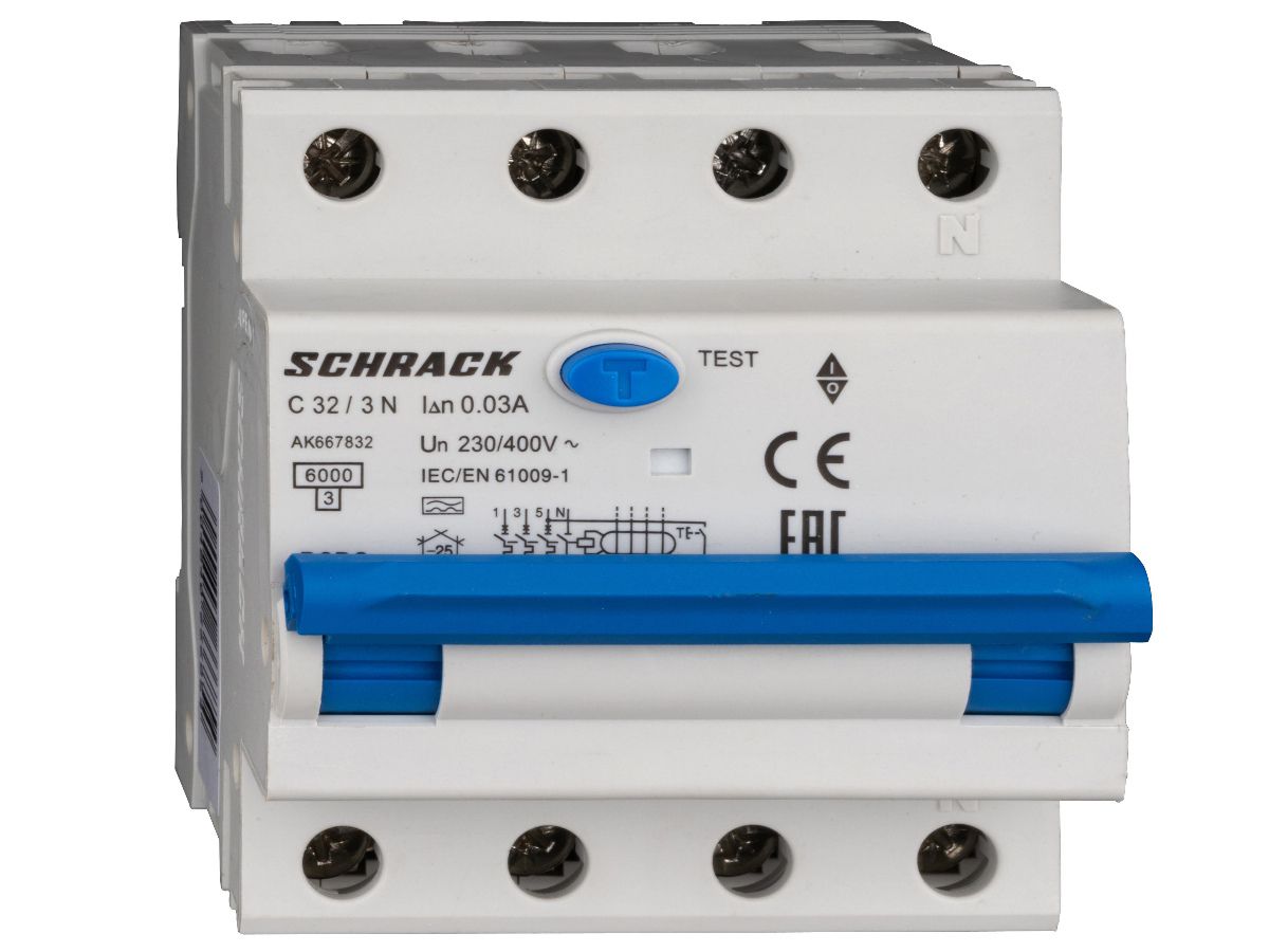 FI/LS-Schalter RCBO 4P 400V AMPARO - 3L+N C 32A 0.03A A 6kA Typ A 4TE Schrack