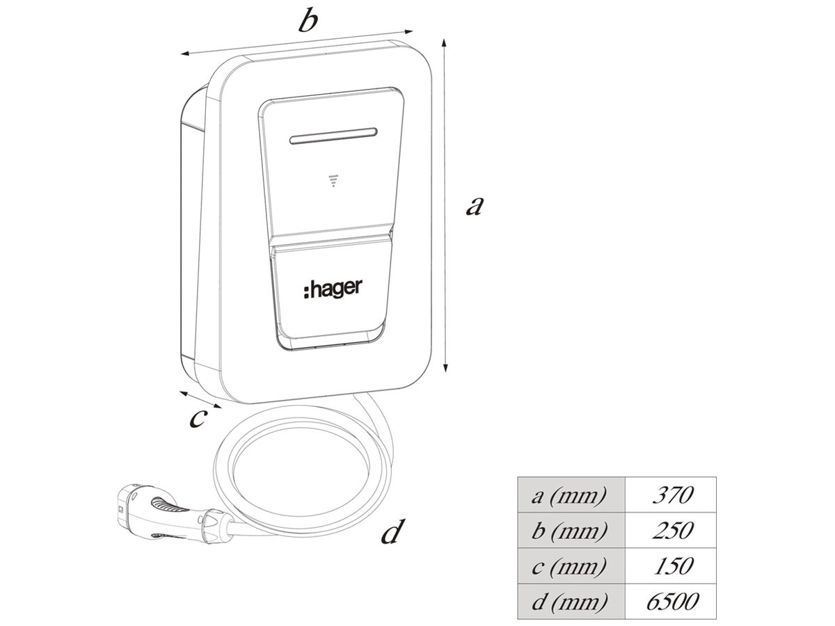 Ladestation Hager witty one 3-phasig 11kW 250×370×150mm Kabel 6.5m