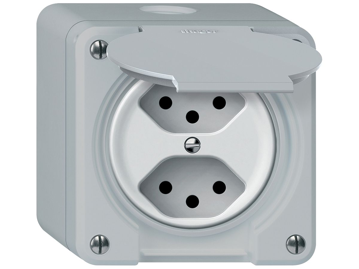AP-Steckdose FI robusto 1×T23 30mA 16A 250V 86×86mm IP21 grau