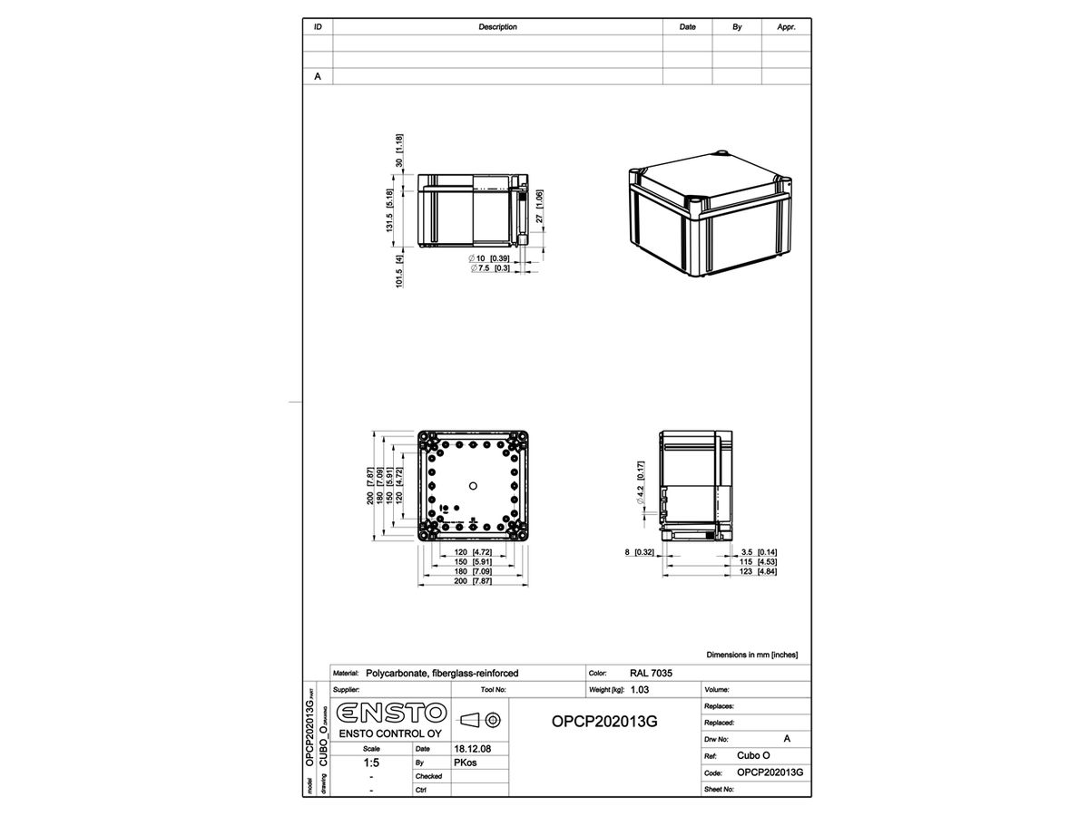 Apparategehäuse RW CUBO O 200×200×130mm OPCP grau
