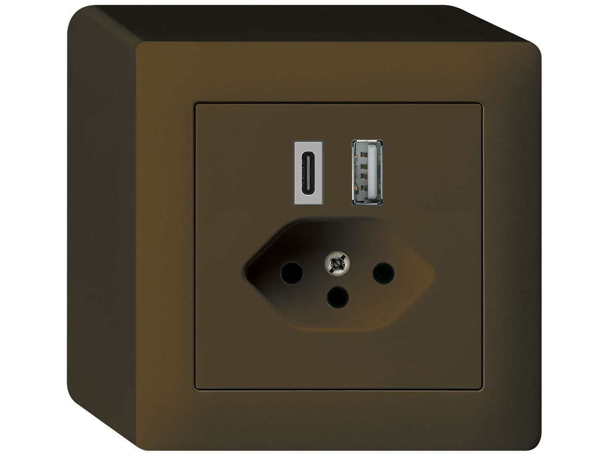 AP-USB-Ladesteckdose kallysto 18W PD 1×Typ A 1×Typ C T13 AP-Gehäuse braun