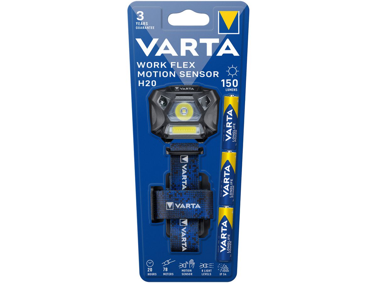 LED-Stirnlampe VARTA Work Flex Motion Sensor H20, 150lm, mit 3×AAA