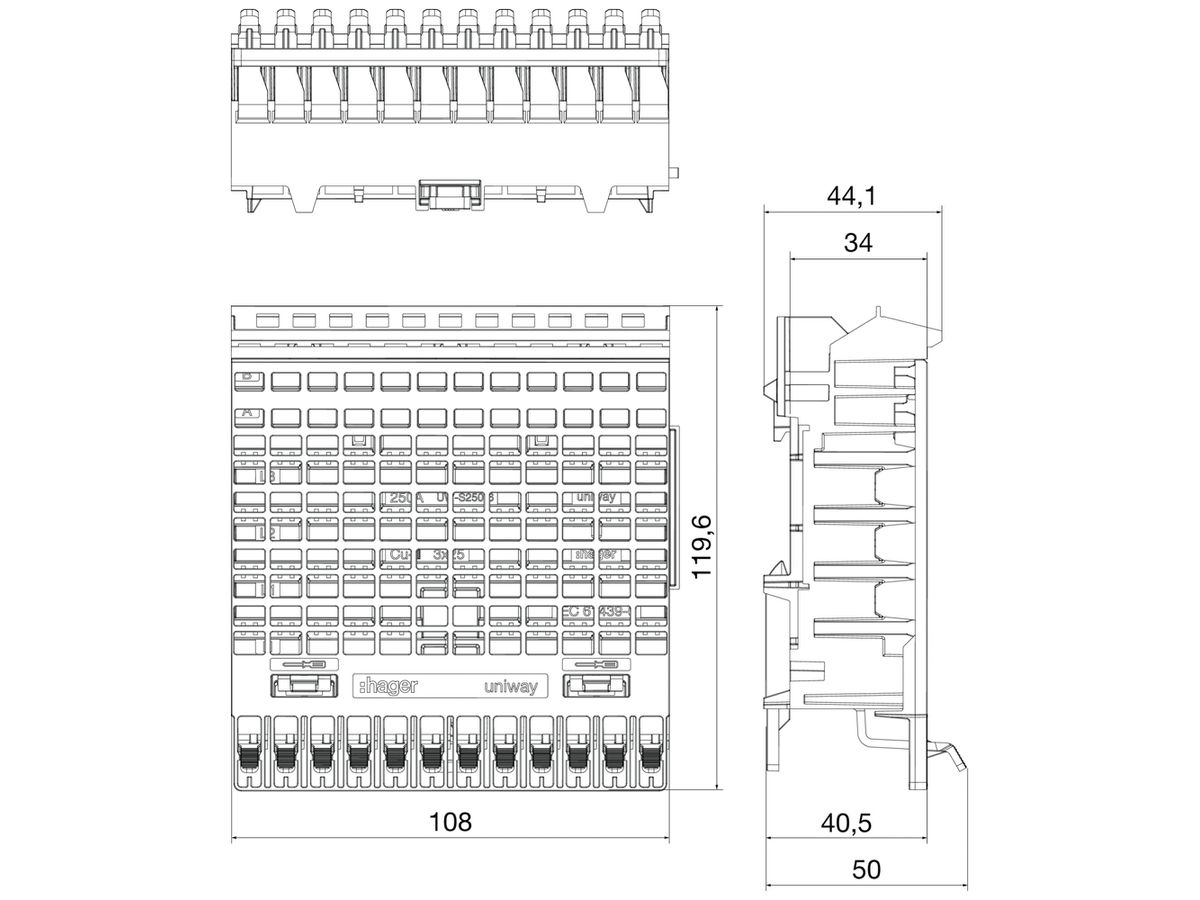 Stecksockel Hager uniway 250A 108mm 12 Steckplätze f.Sammelschienen 25×3mm 6 Stk
