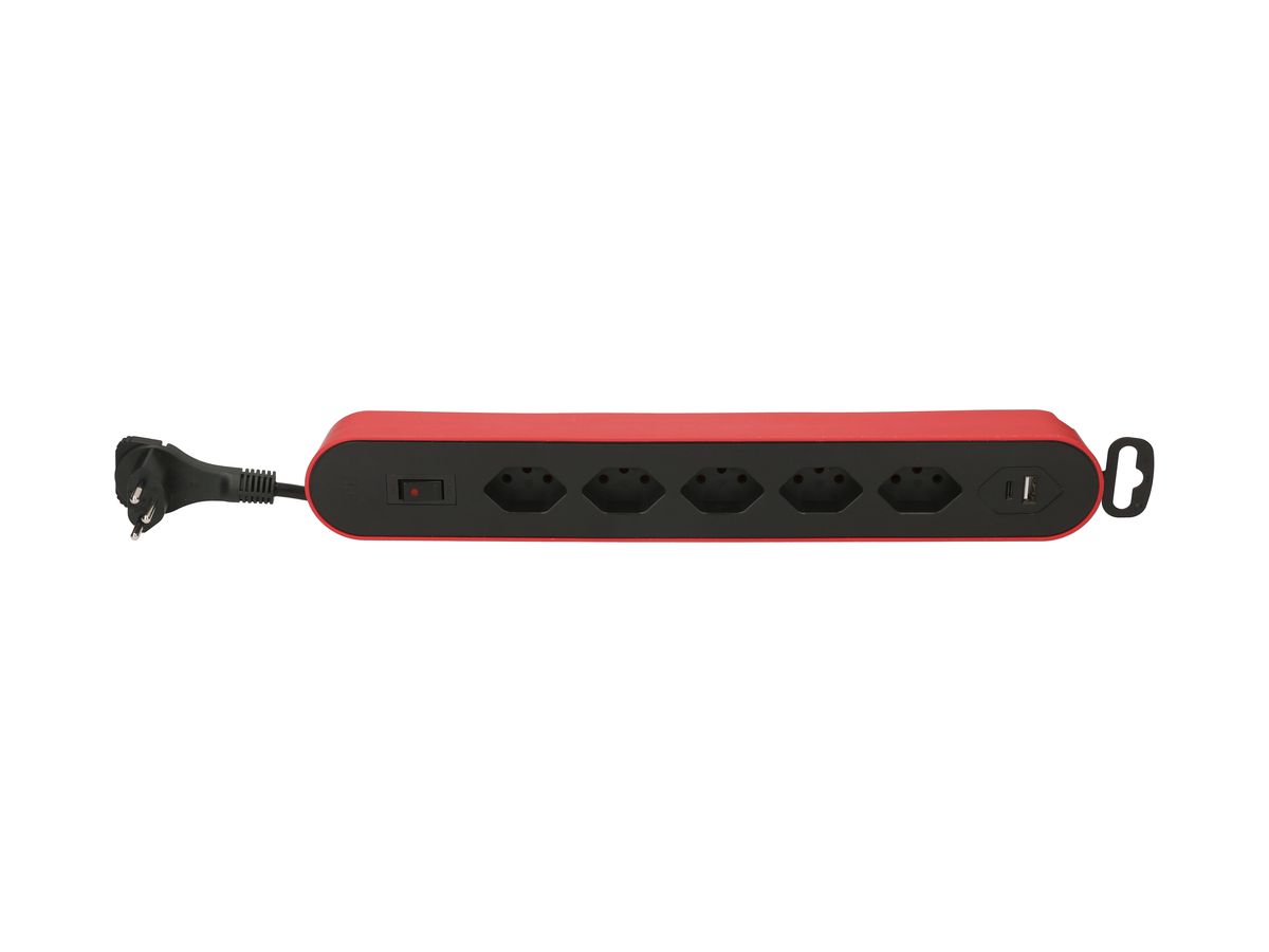 Steckdosenleiste Max Hauri Design-Line 5×T13, 2×USB, Td 3×1mm² 2.2m, rot-schwarz