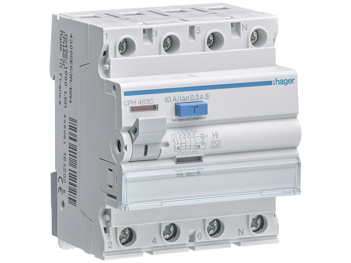 Fehlerstrom-Schutzschalter Hager RCCB (RCD) 4P 400V 0.3A Typ A 63A 6kA 4TE