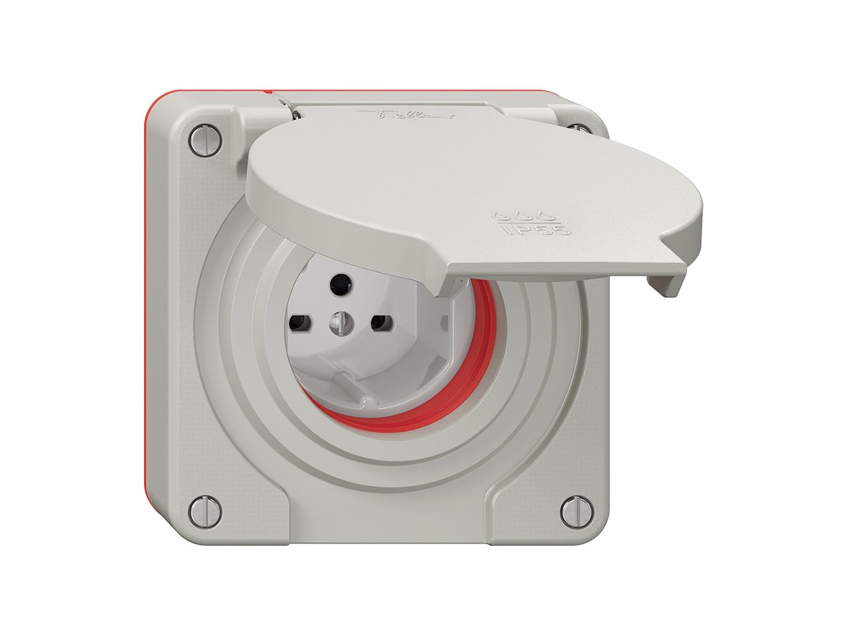 Steckdose NEVO N.CO 1×T15, IP55 gemäss SN 441011, m.roter Dichtung, lichtgrau