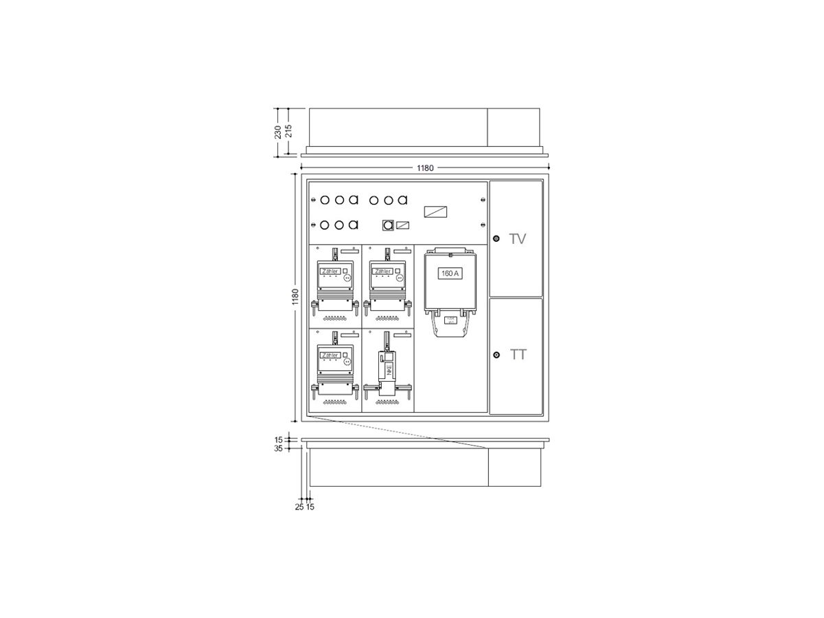 UP-Zählerkasten HAG 3 Zähler, 1 NKE, 1 Hausanschlusskasten, 1 TT, 1 TV