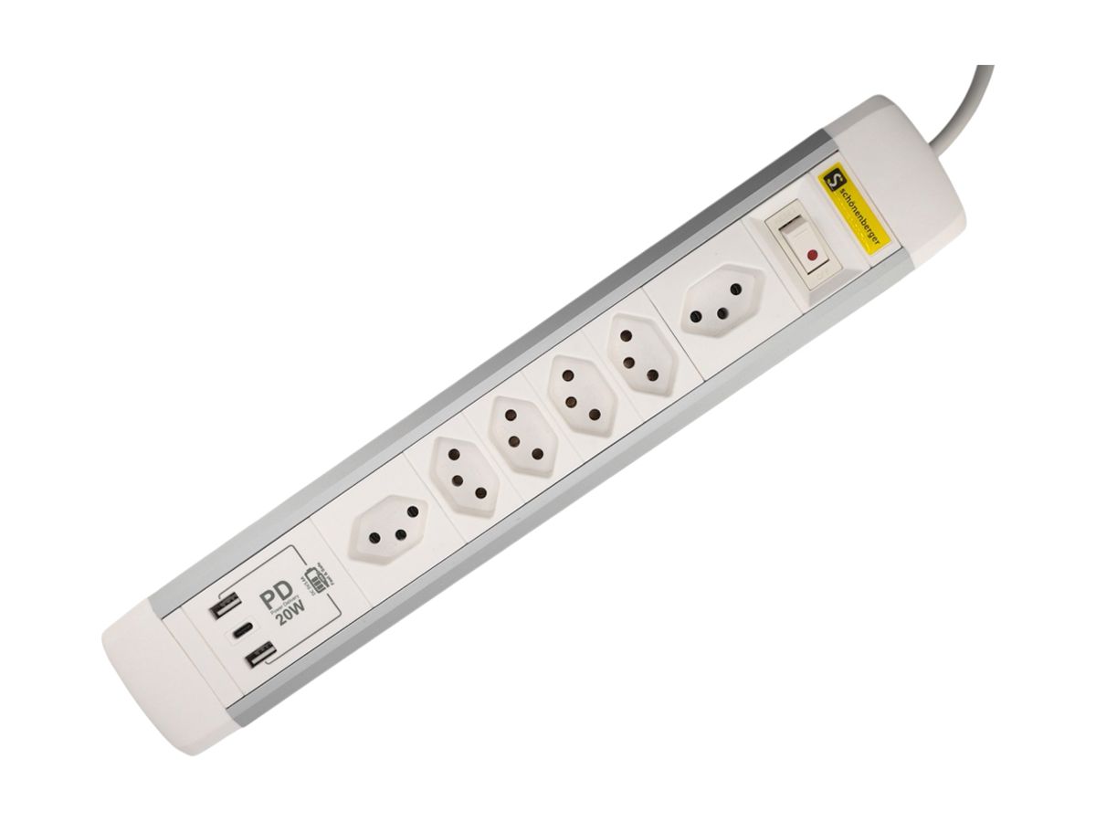 Steckdosenleiste M. Schönenberger 10A Ein-/Ausschalter 6×T13 3×USB 2m ws/alu
