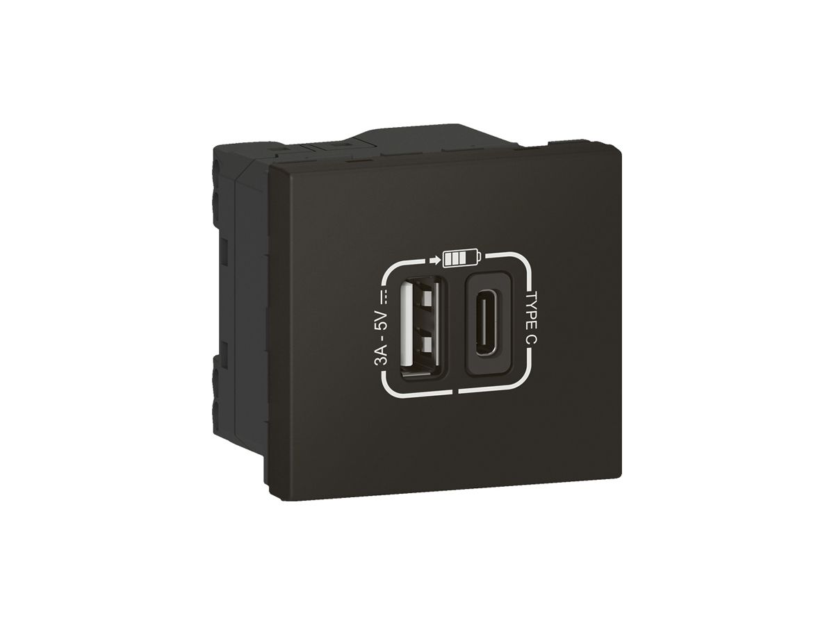 USB-Ladesteckdose MOS 1×Typ-A 1×Typ-C 3A 5VDC 15W 2 Module schwarz matt