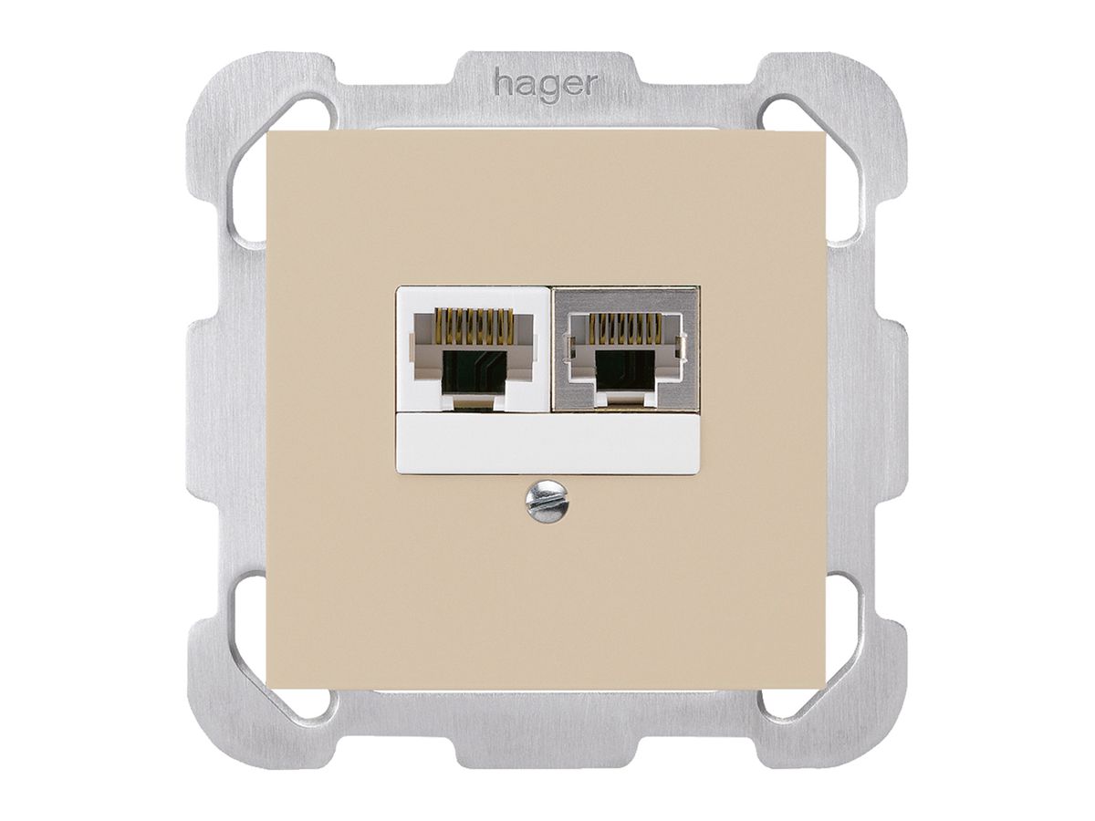 UP-Dose kallysto 2×RJ45s+u getrennt beige mit Befestigungsplatte