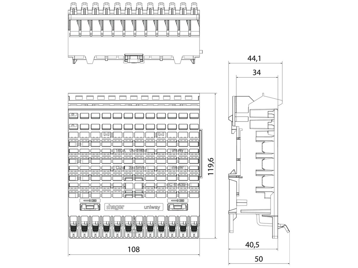Stecksockel Hager uniway 160A 108mm 12 Steckplätze f.Sammelschienen 15×3mm 6 Stk